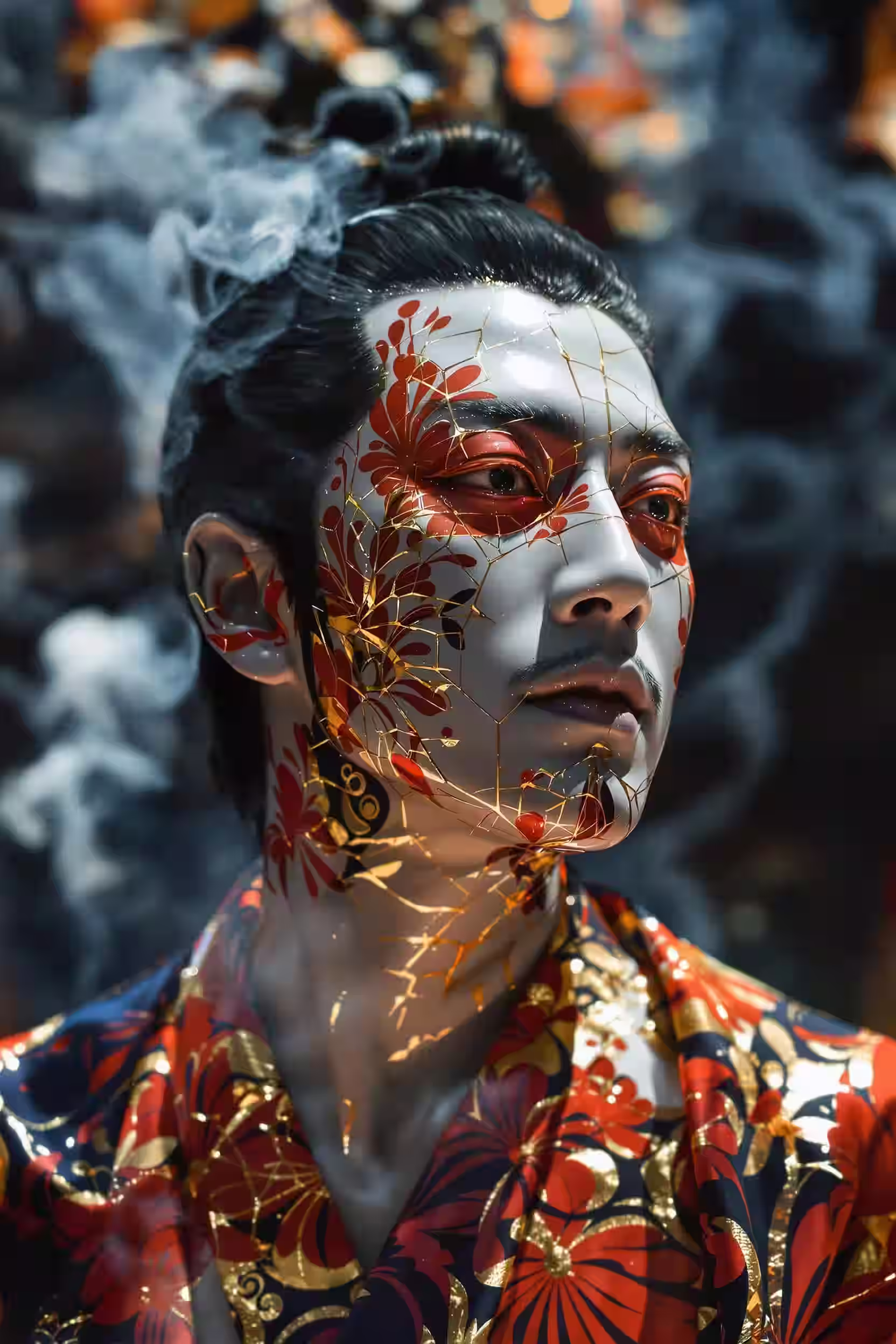 Portrait with red and gold painted patterns